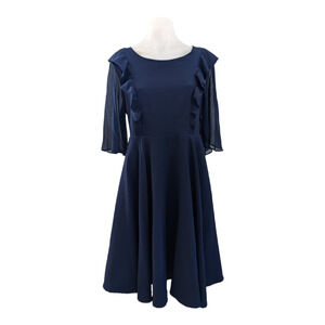 Kara Bloom US 10 Ruffled Shift Midi Dress Navy Hourglass Sheer Sleeves
